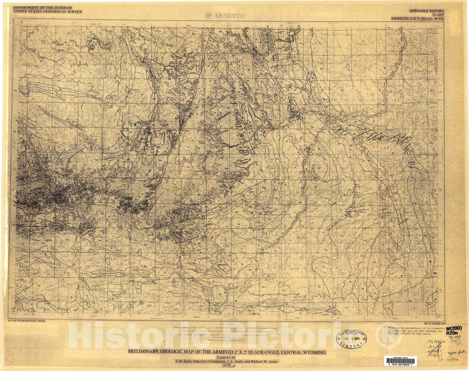Map : Preliminary geologic map of the Arminto one degree x two degree quadrangle, central Wyoming, one978 Cartography Wall Art :