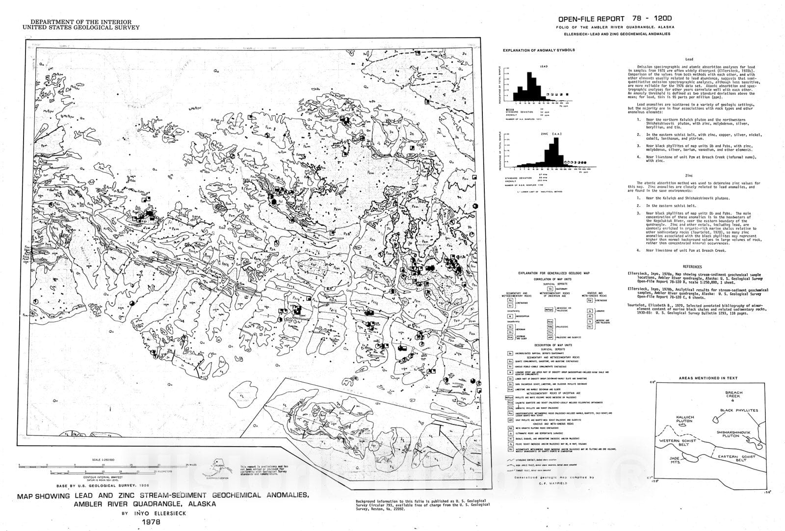 Map : Map showing lead and zinc stream-sediment geochemical anomalies, Ambler River quadrangle, Alaska, 1978 Cartography Wall Art :