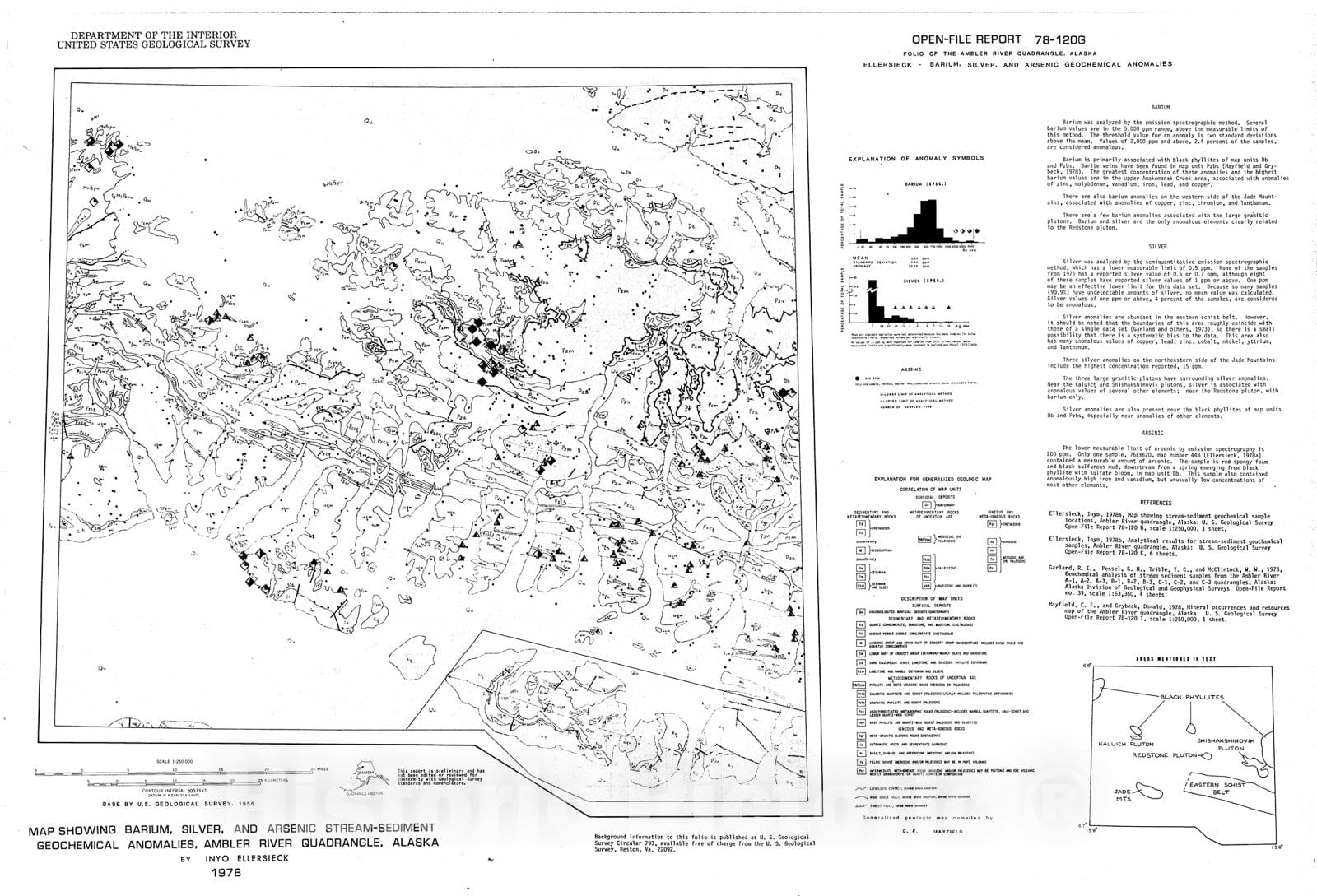 Map : Map showing barium, silver, and arsenic stream-sediment geochemical anomalies, Ambler River quadrangle, Alaska, 1978 Cartography Wall Art :