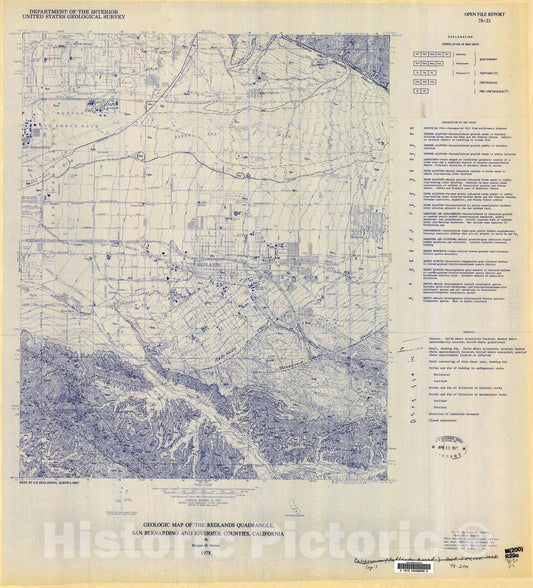 Map : Geologic map of the Redlands quadrangle, San Bernardino and Riverside Counties, California, 1978 Cartography Wall Art :