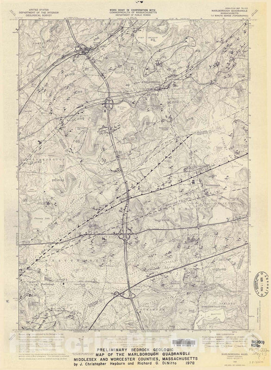 Map : Preliminary bedrock geologic map of the Marlborough quadrangle, Middlesex and Worcester Counties, Massachusetts, 1978 Cartography Wall Art :