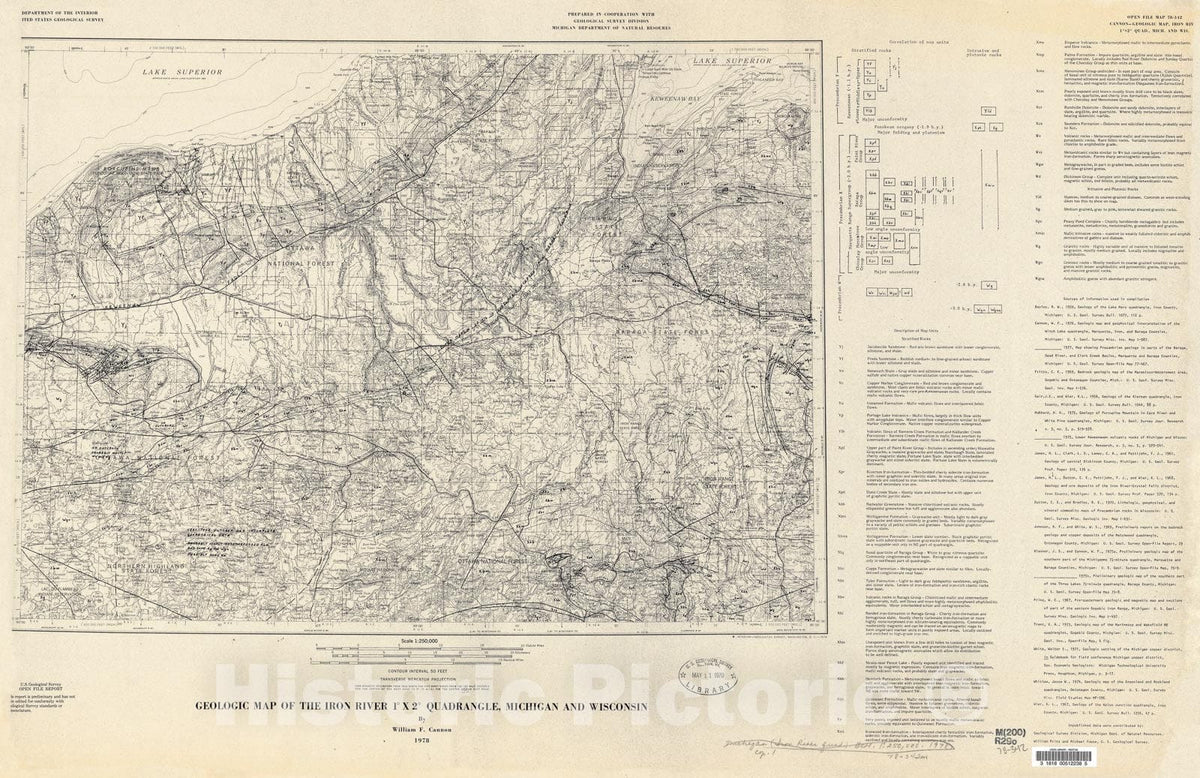 Map : Geologic map of the Iron River one degree x two degree quadrangle, Michigan and Wisconsin, one978 Cartography Wall Art :