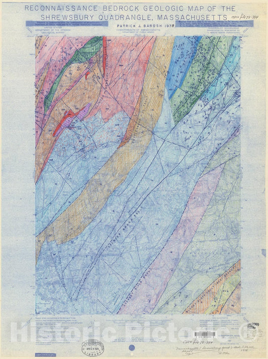 Map : Reconnaissance bedrock geologic map of the Shrewsbury quadrangle, Massachusetts, 1978 Cartography Wall Art :