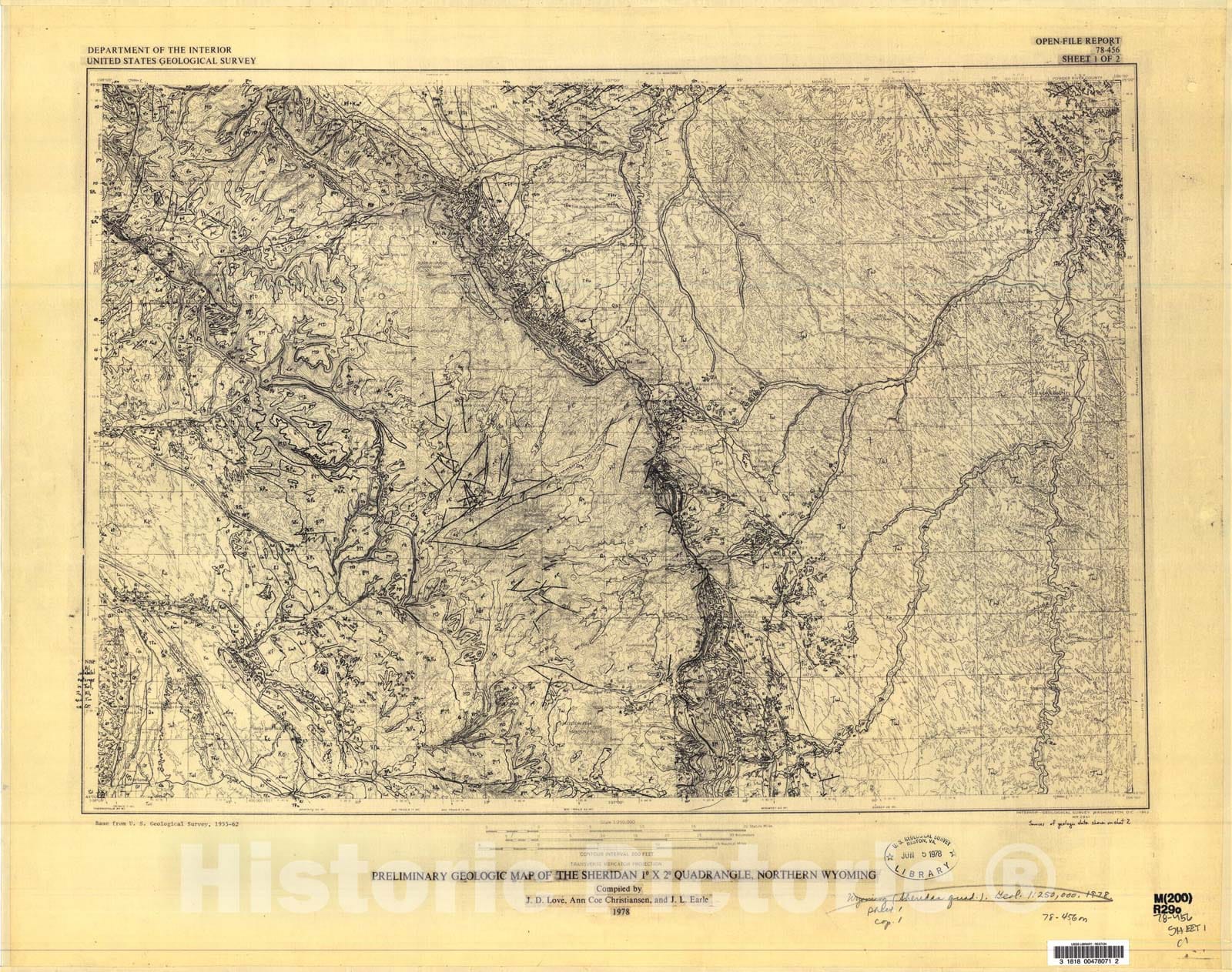 Map : Preliminary geologic map of the Sheridan one degree x two degree quadrangle, northern Wyoming, one978 Cartography Wall Art :