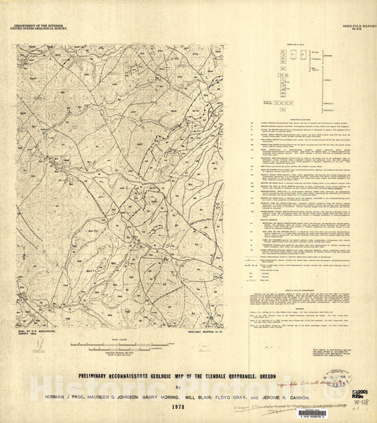 Map : Preliminary reconnaissance geologic map of the Glendale quadrangle, Oregon, 1978 Cartography Wall Art :