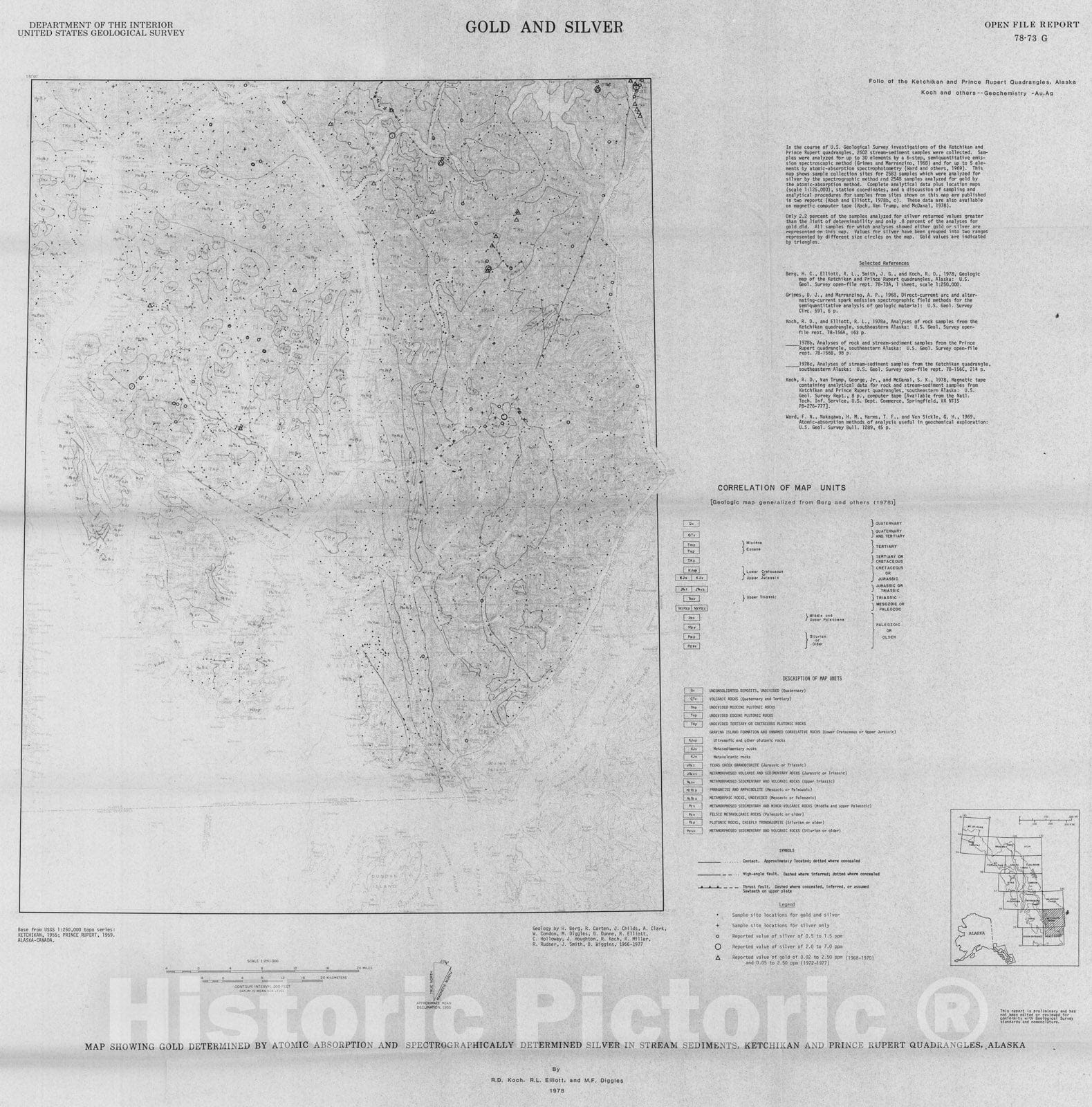Map : Map showing gold determined by atomic absorption and spectrographically determined silver in stream-sediments, Ketchikan, 1978 Cartography Wall Art :