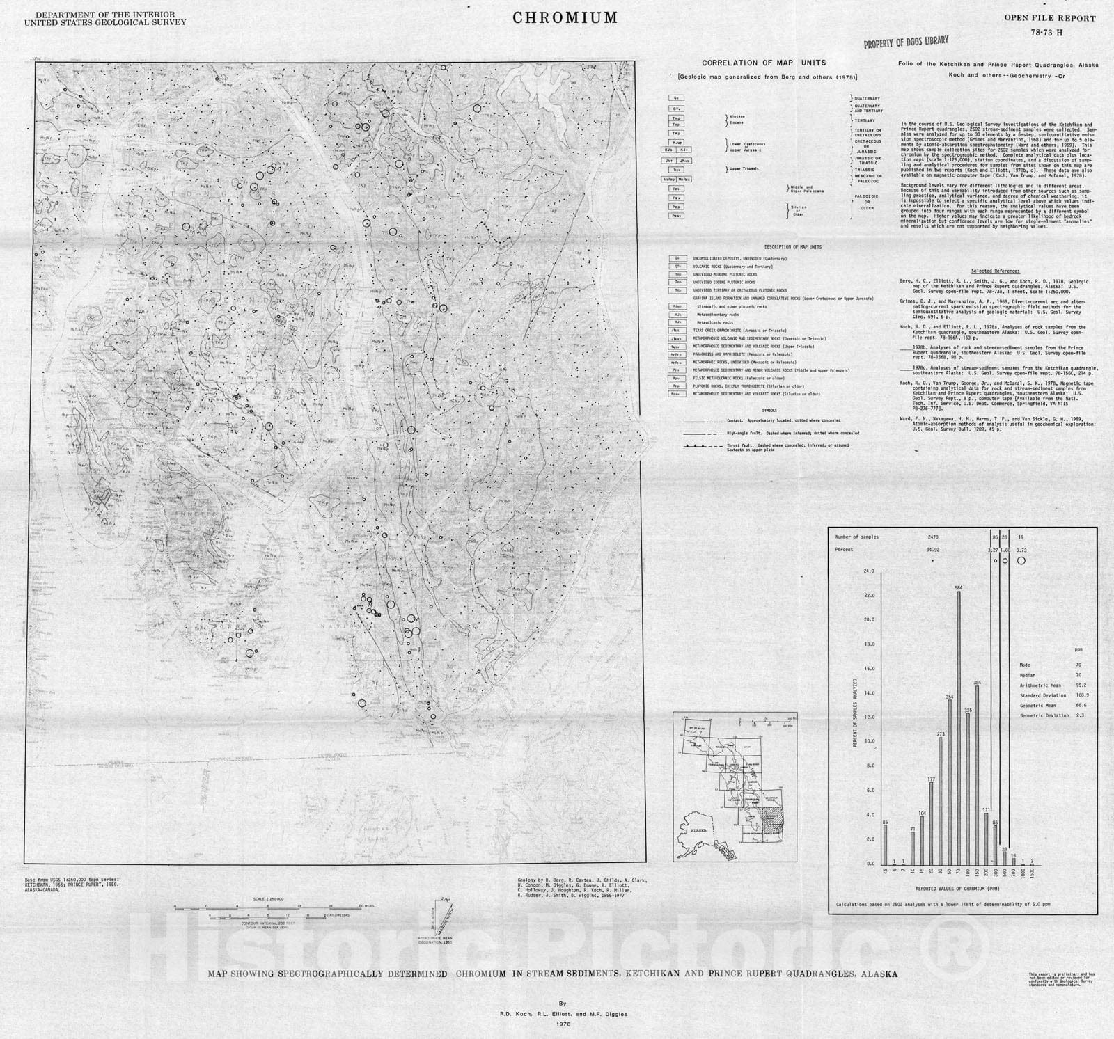 Map : Map showing spectrographically determined chromium in stream sediments, Ketchikan and Prince Rupert quadrangles, Alaska, 1978 Cartography Wall Art :