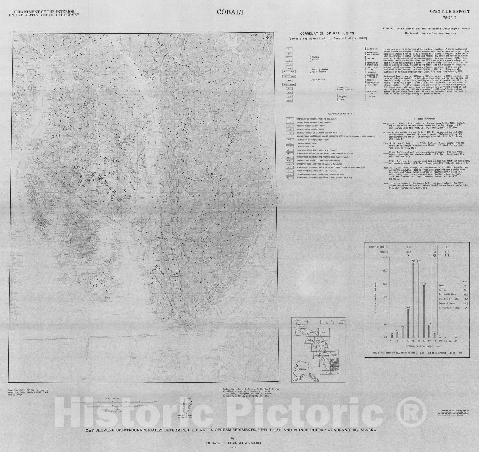 Map : Map showing spectrographically determined cobalt in stream sediments, Ketchikan and Prince Rupert quadrangles, Alaska, 1978 Cartography Wall Art :