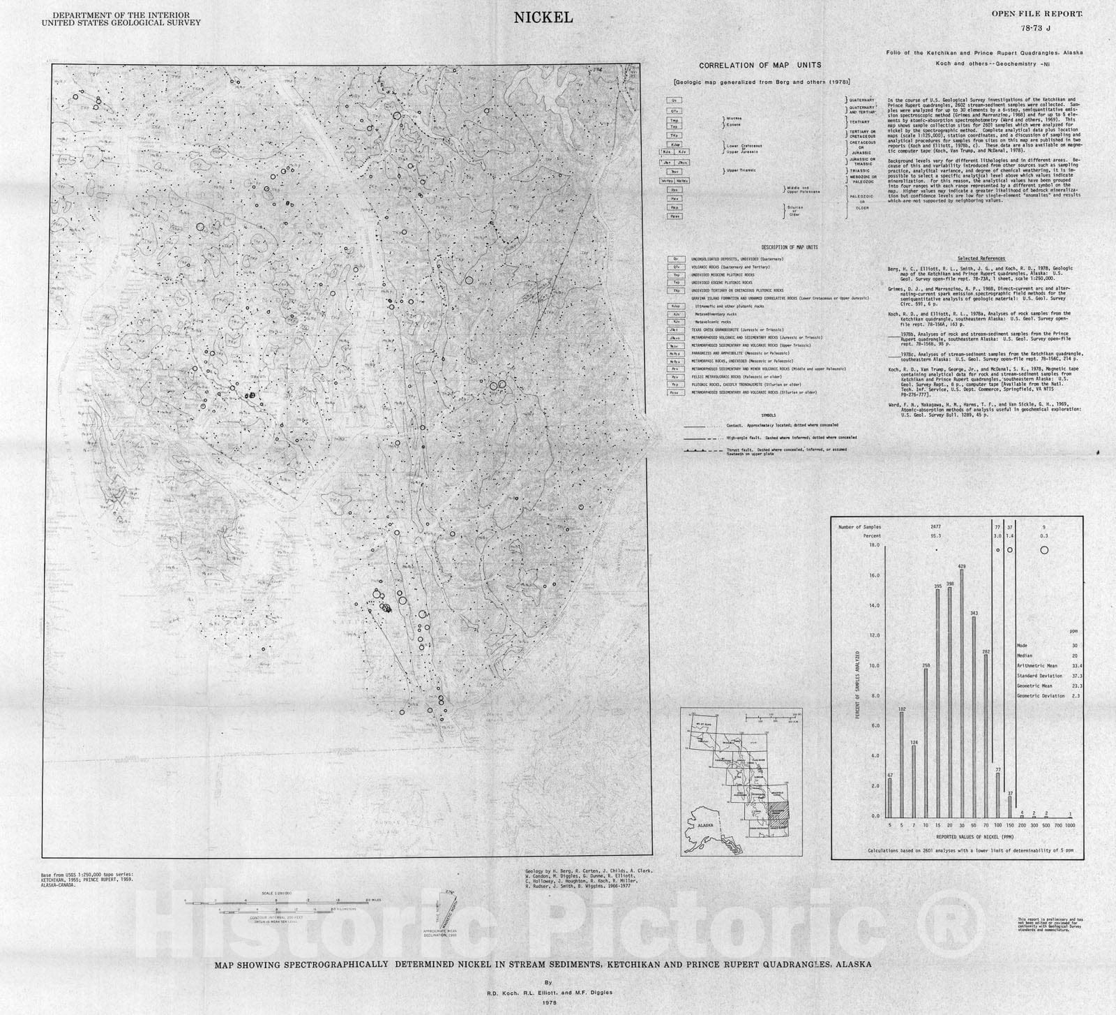 Map : Map showing spectrographically determined nickel in stream sediments, Ketchikan and Prince Rupert quadrangles, Alaska, 1978 Cartography Wall Art :