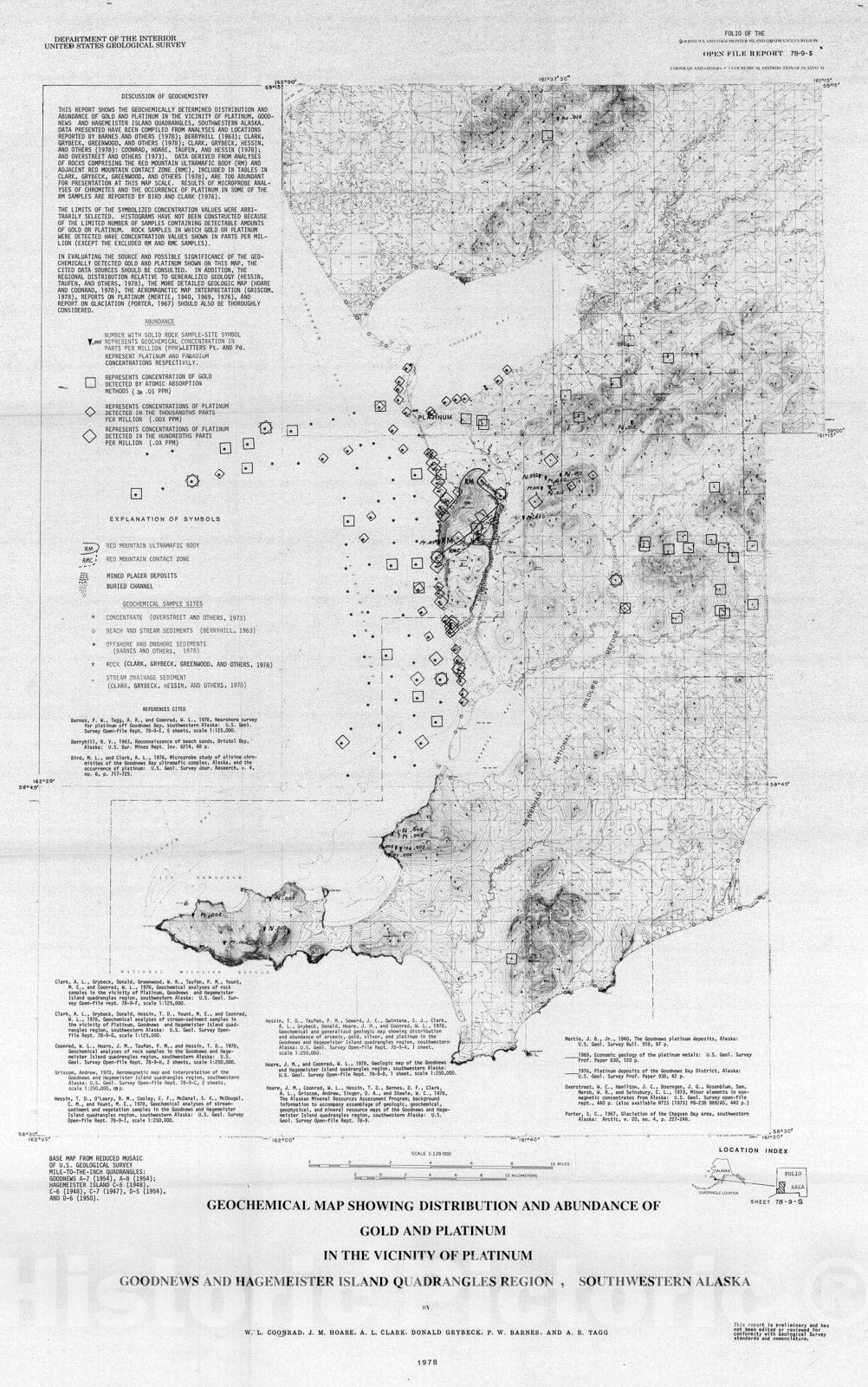 Map : Geochemical map showing the distribution and abundance of gold and platinum in the vicinity of platinum, Goodnews and Hagemeister, 1978 Cartography Wall Art :