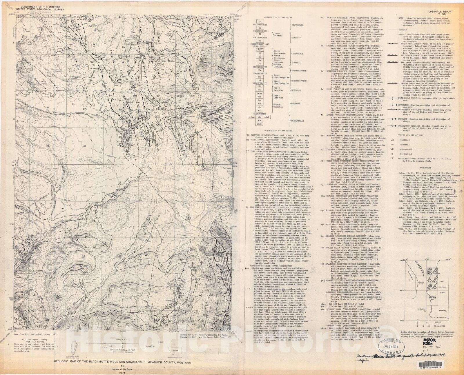 Map : Geologic map of the Black Butte Mountain quadrangle, Meagher County, Montana, 1974 Cartography Wall Art :