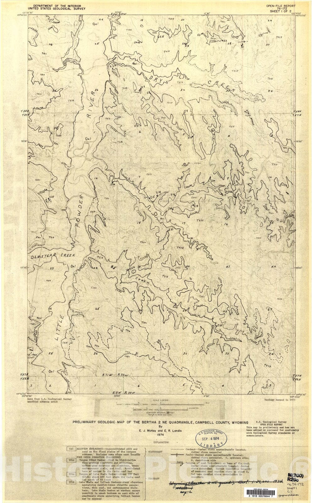 Map : Preliminary geologic map of the Bertha two NE quadrangle, Campbell County, Wyoming, 1974 Cartography Wall Art :