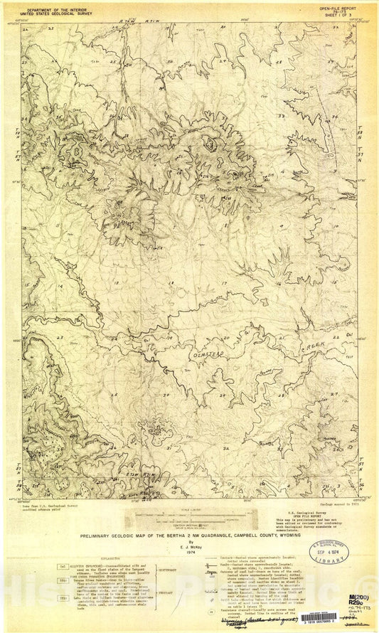 Map : Preliminary geologic map of the Bertha two NW quadrangle, Campbell County, Wyoming, 1974 Cartography Wall Art :