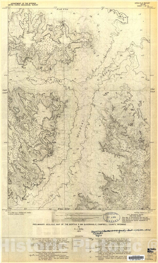 Map : Preliminary geologic map of the Bertha three NW quadrangle, Campbell County, Wyoming, 1974 Cartography Wall Art :