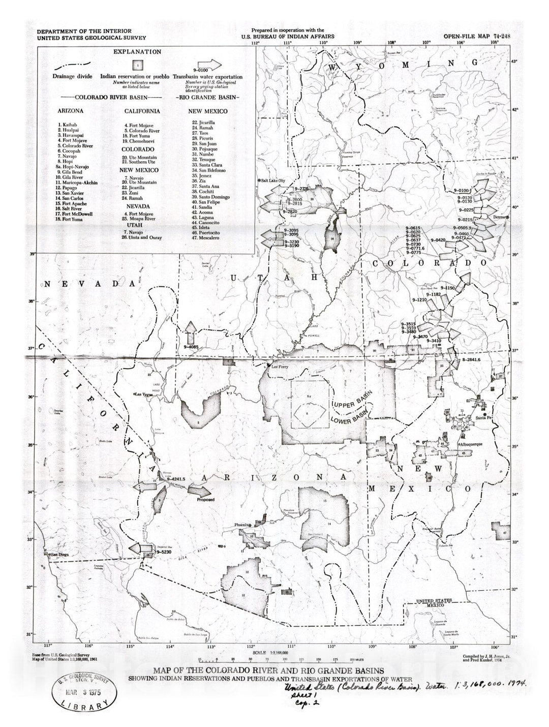 Map : Map of the Colorado River and Rio Grande basins showing Indian reservations and pueblos and transbasin exportations of water, 1974 Cartography Wall Art :
