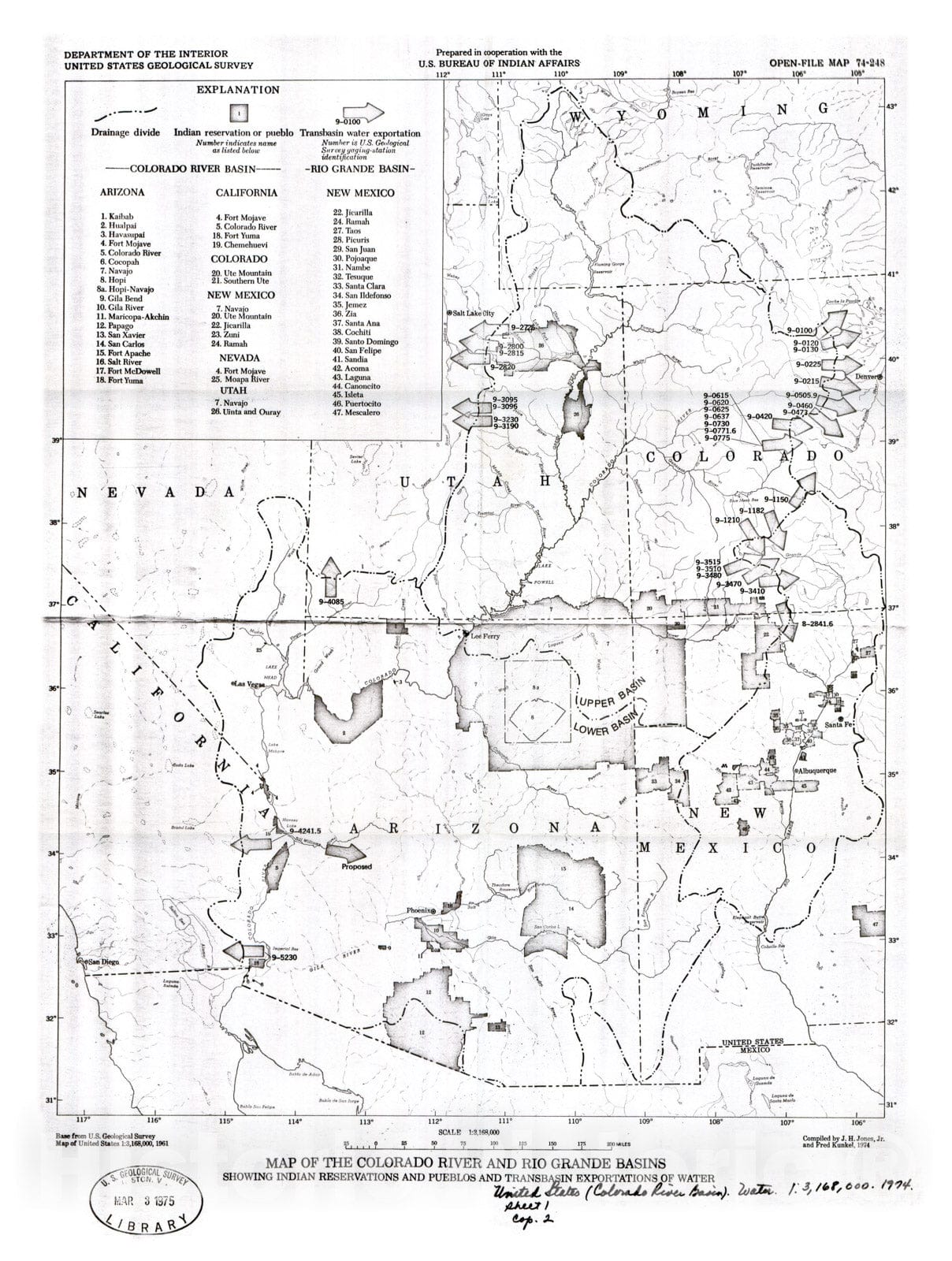 Map : Map of the Colorado River and Rio Grande basins showing Indian reservations and pueblos and transbasin exportations of water, 1974 Cartography Wall Art :