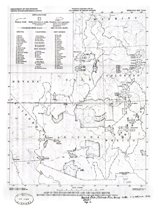 Map : Map of the Colorado River and Rio Grande basins showing Indian reservations and pueblos and transbasin exportations of water, 1974 Cartography Wall Art :