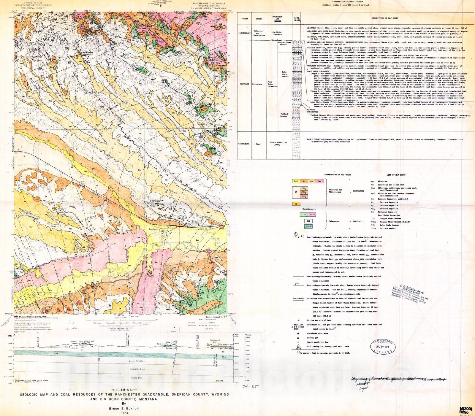 Map : Preliminary geologic map and coal resources of the Ranchester quadrangle, Sheridan County, Wyoming, and Big Horn County, Montana, 1974 Cartography Wall Art :
