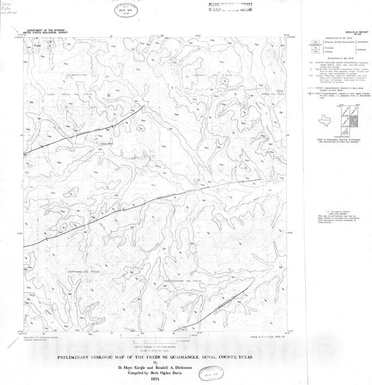 Map : Preliminary geologic map of the Freer SE quadrangle, Duval County, Texas, 1974 Cartography Wall Art :
