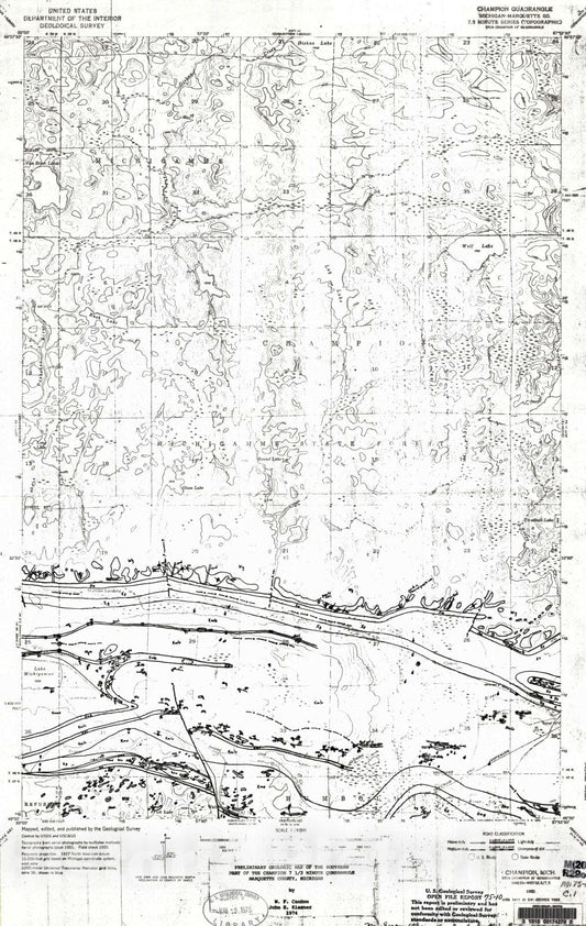 Map : Preliminary geologic map of the southern part of the Champion seven 1/2 minute quadrangle, Marquette County, Michigan, 19seven5 Cartography Wall Art :