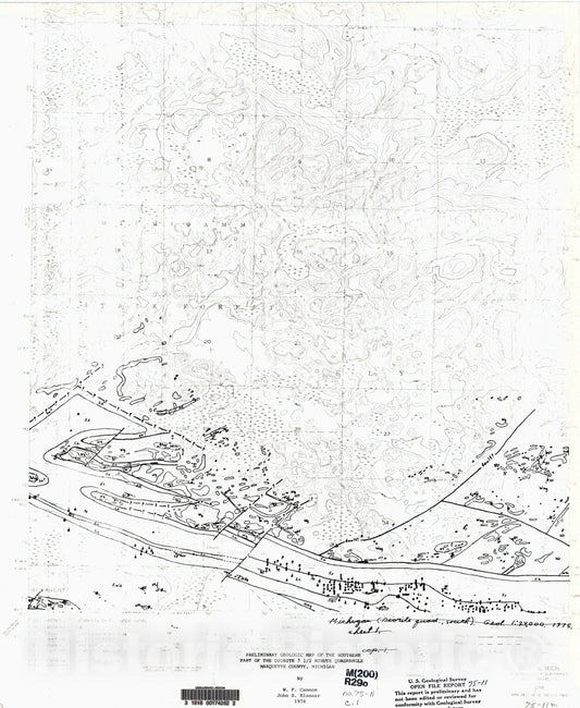 Map : Preliminary geologic map of the southern part of the Diorite seven 1/2 minute quadrangle, Marquette County, Michigan, 19seven5 Cartography Wall Art :