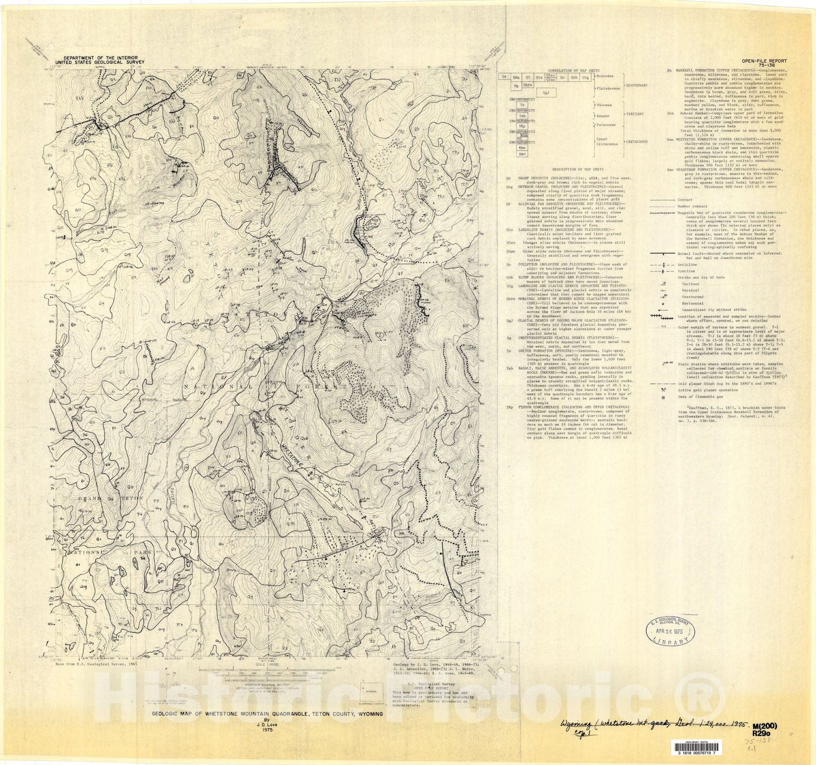 Map : Geologic map of Whetstone Mountain quadrangle, Teton County, Wyoming, 1975 Cartography Wall Art :