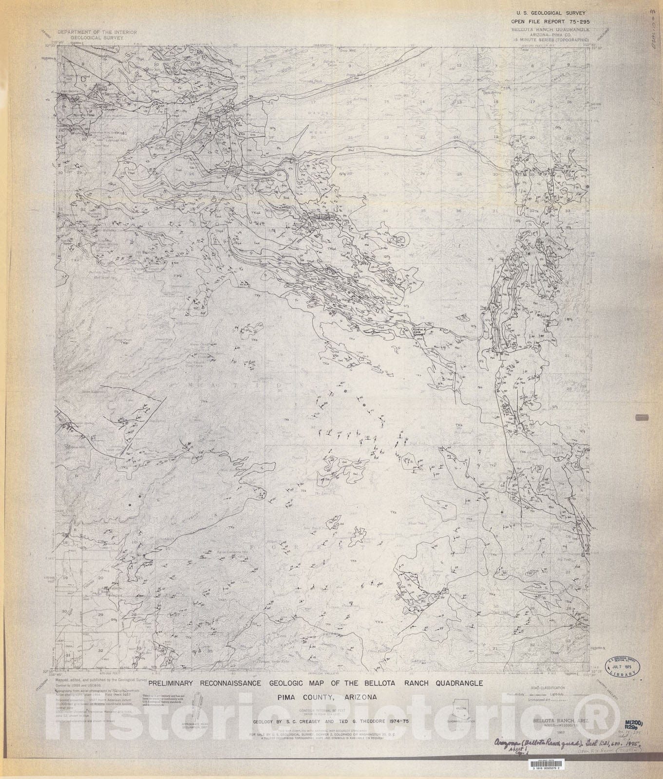 Map : Preliminary reconnaissance geologic map of the Bellota Ranch quadrangle, Pima County, Arizona, 1975 Cartography Wall Art :