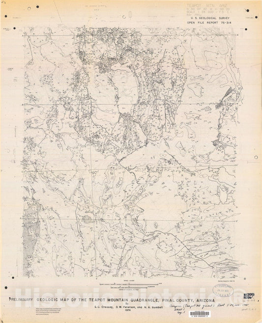 Map : Preliminary geologic map of the Teapot Mountain quadrangle, Pinal County, Arizona, 1975 Cartography Wall Art :