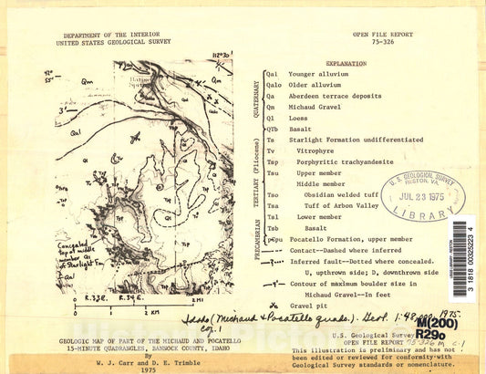 Map : Geologic map of part of the Michaud and Pocatello 15-minute quadrangles, Bannock County, Idaho, 1975 Cartography Wall Art :