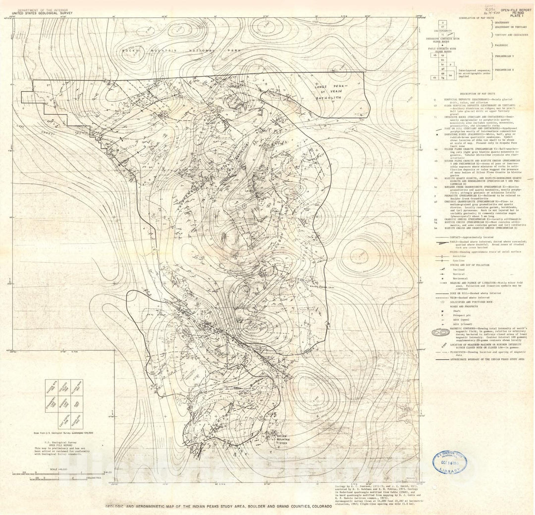 Map : Mineral resources of the Indian Peaks study area, Boulder and Grand Counties, Colorado, with a section on interpretation of aeromagnetic data, 1975 Cartography Wall Art :