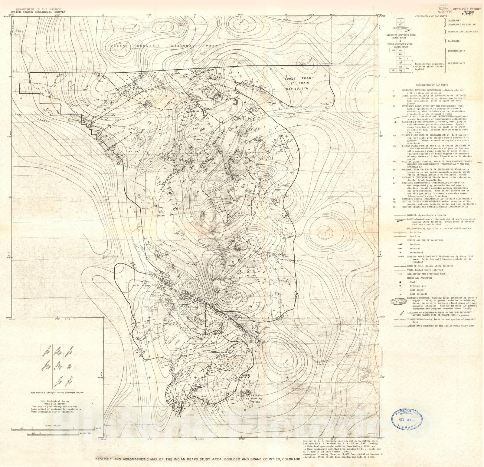 Map : Mineral resources of the Indian Peaks study area, Boulder and Grand Counties, Colorado, with a section on interpretation of aeromagnetic data, 1975 Cartography Wall Art :