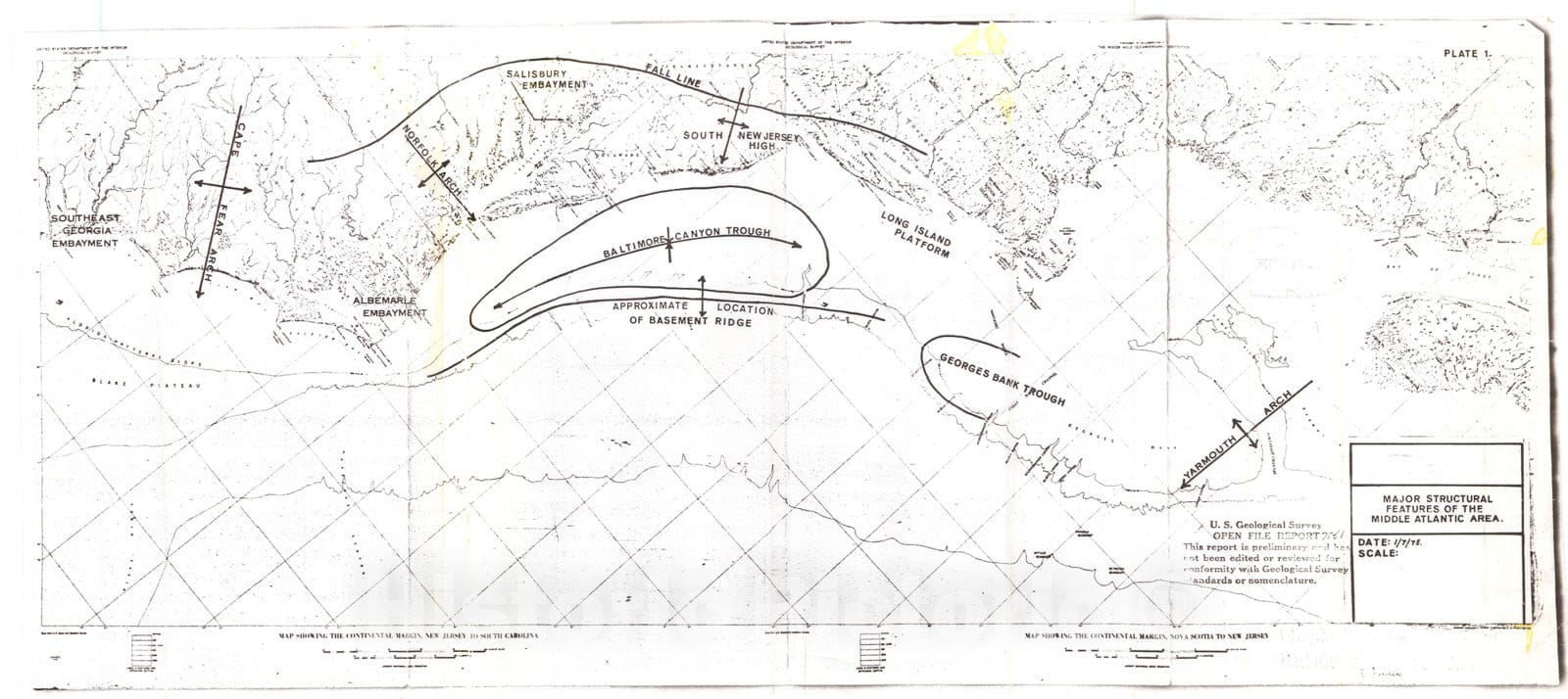 Map : Sediments, structural framework, petroleum potential, environmental conditions, and operational considerations of the mid-Atlantic area, 1975 Cartography Wall Art :