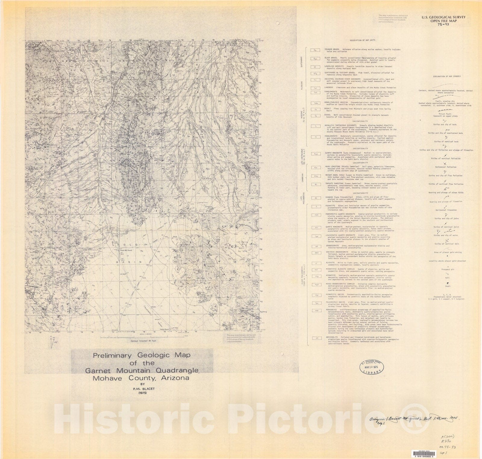 Map : Preliminary geologic map of the Garnet Mountain quadrangle, Mohave County, Arizona, 1975 Cartography Wall Art :