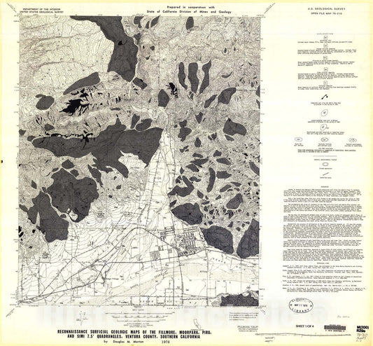 Map : Reconnaissance surficial geologic maps of the Fillmore, Moorpark, Piru, and Simi 7.5' quadrangles, Ventura County, southern California, 1976 Cartography Wall Art :