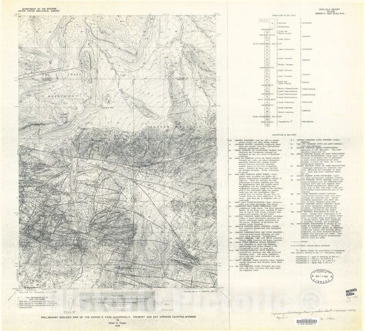 Map : Preliminary geologic map of the Birdseye Pass quadrangle, Fremont and Hot Springs Counties, Wyoming, 1976 Cartography Wall Art :