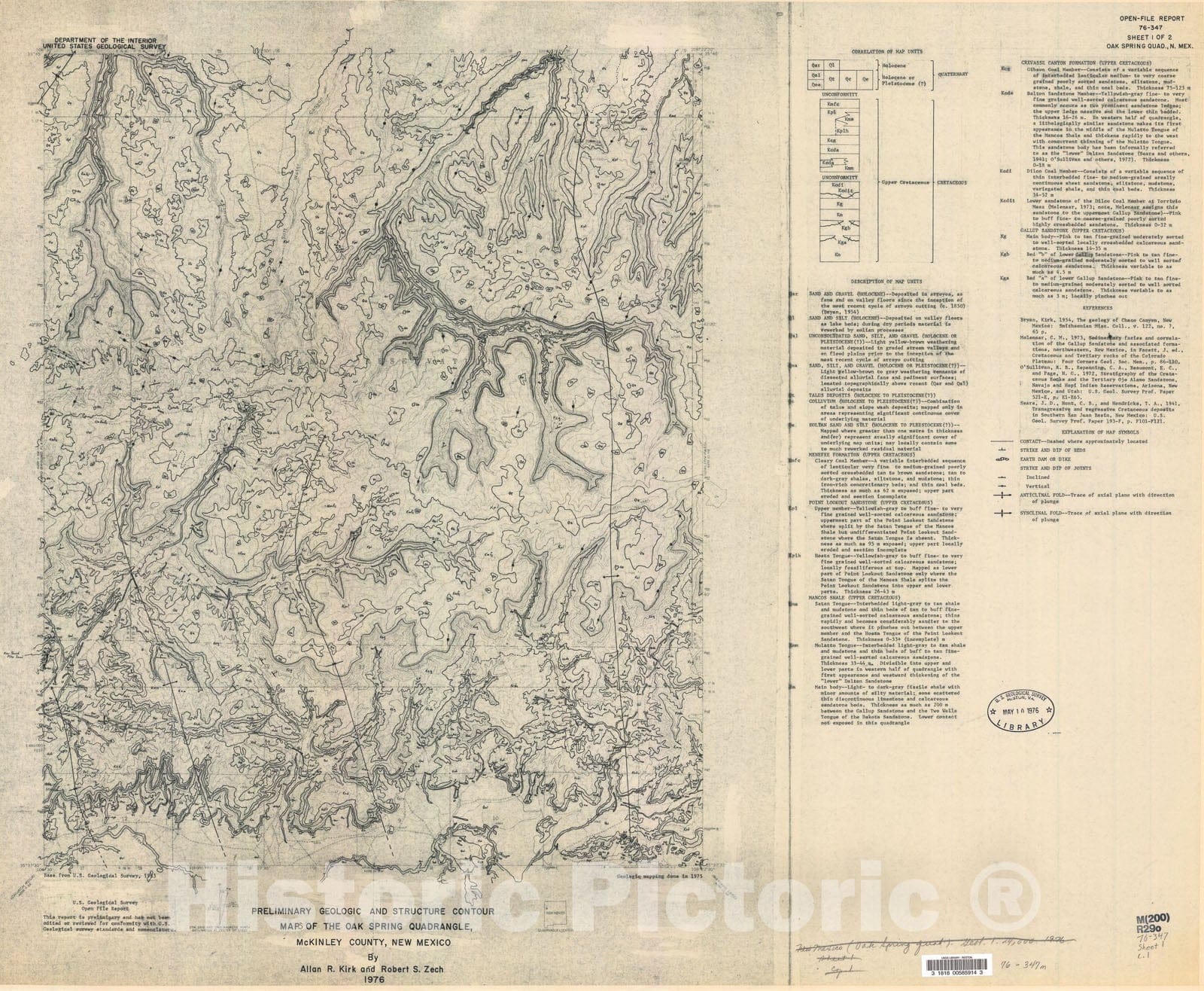 Map : Preliminary geologic and structure contour maps of the Oak Spring quadrangle, McKinley County, New Mexico, 1976 Cartography Wall Art :