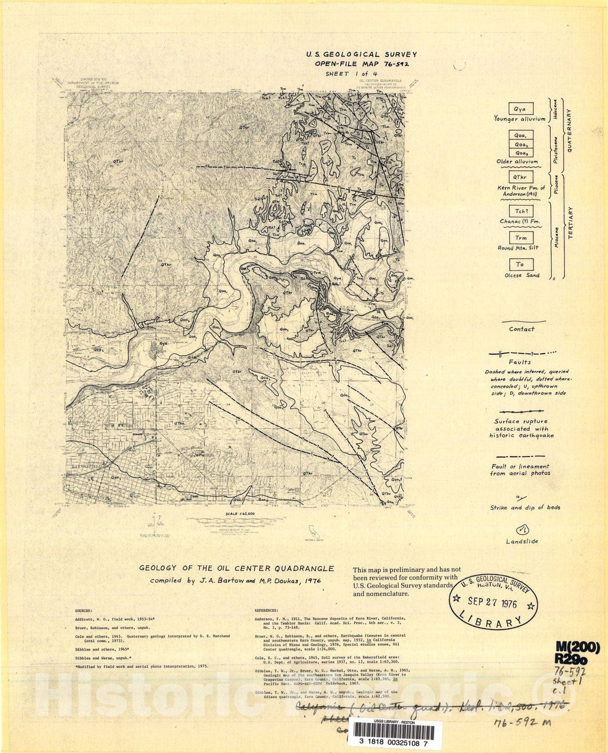Map : Geology of the Oil Center, Rio Bravo Ranch, Lamont, and Edison quadrangles, California, 1976 Cartography Wall Art :