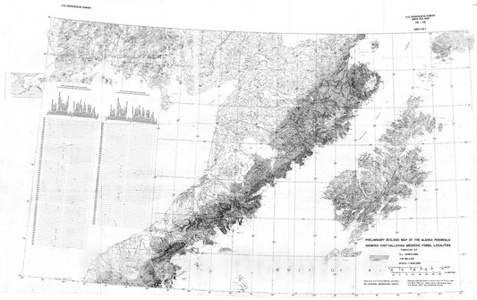 Map : Preliminary geologic map of the Alaska Peninsula showing post-Callovian Mesozoic fossil localities, 1976 Cartography Wall Art :