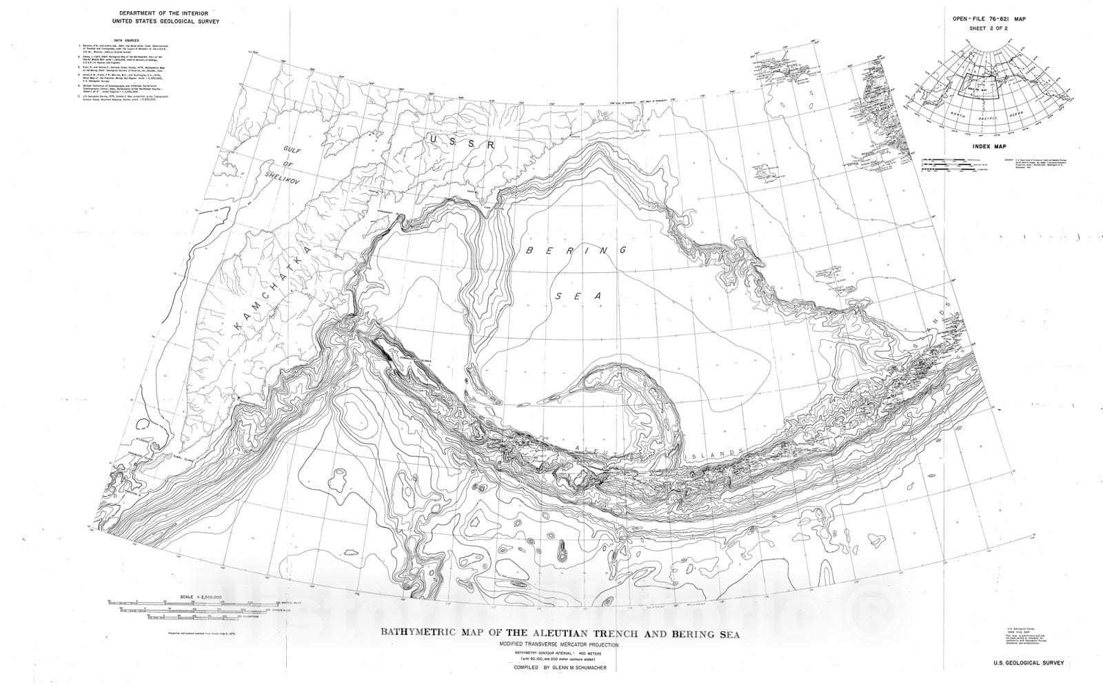 Map : Bathymetric map of the Aleutian trench and Bering Sea, 1976 Cartography Wall Art :