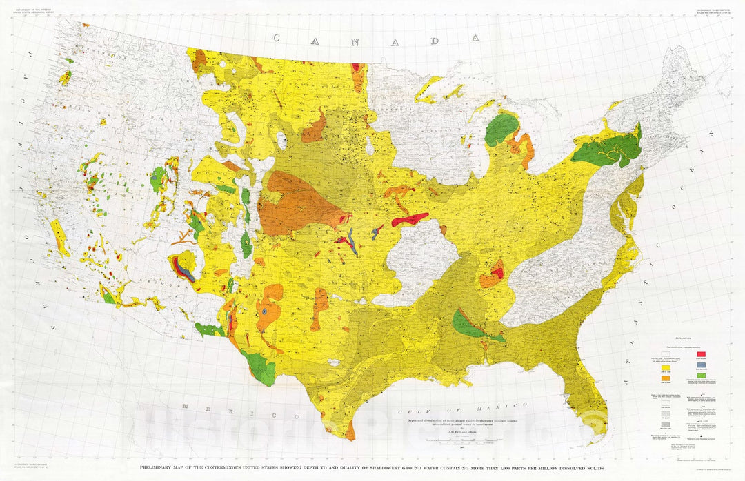 Map : Preliminary map of the conterminous United States showing depth to and quality of shallowest ground water, 1965 Cartography Wall Art :