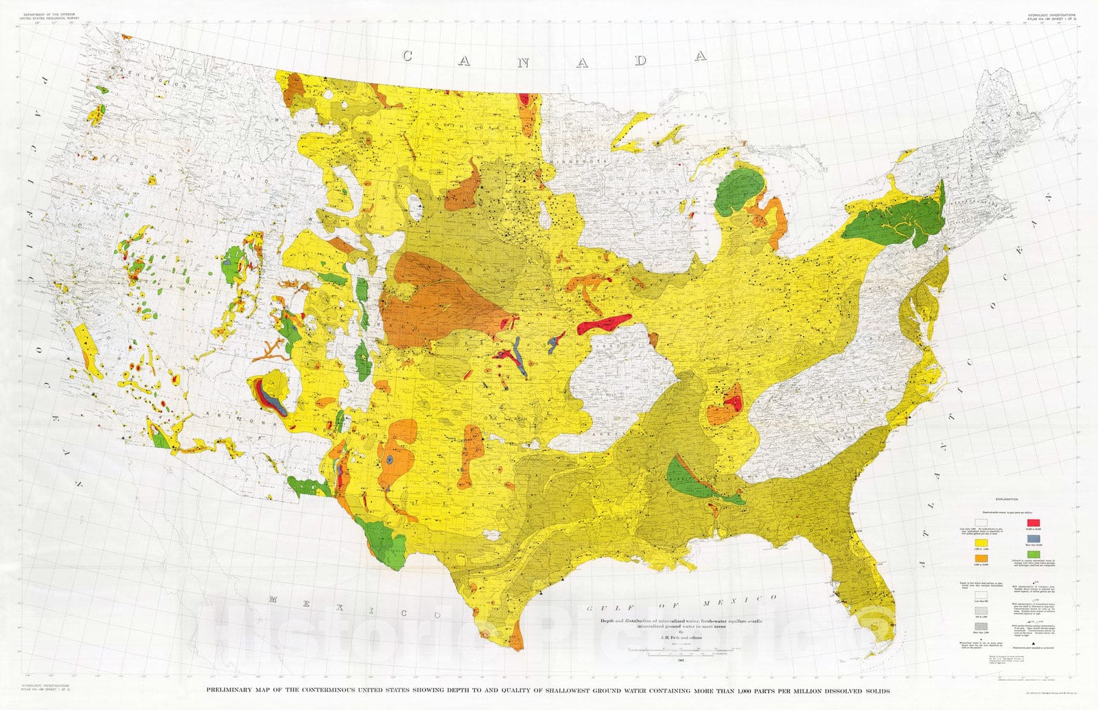 Map : Preliminary map of the conterminous United States showing depth to and quality of shallowest ground water, 1965 Cartography Wall Art :