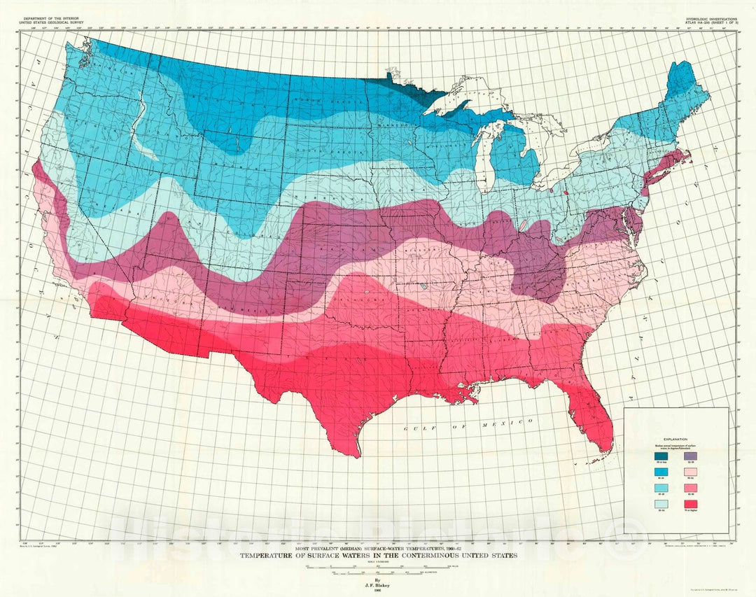 Map : Temperature of surface waters in the conterminous United States, 1967 Cartography Wall Art :