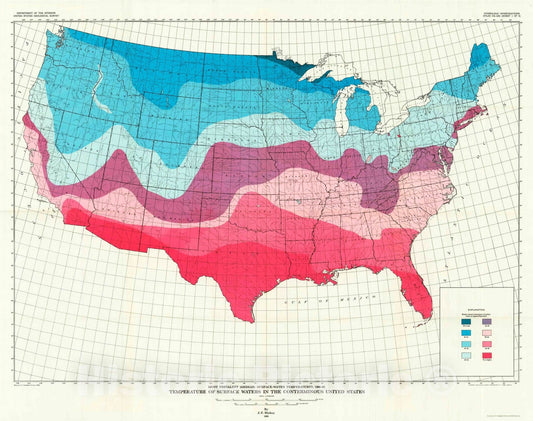 Map : Temperature of surface waters in the conterminous United States, 1967 Cartography Wall Art :