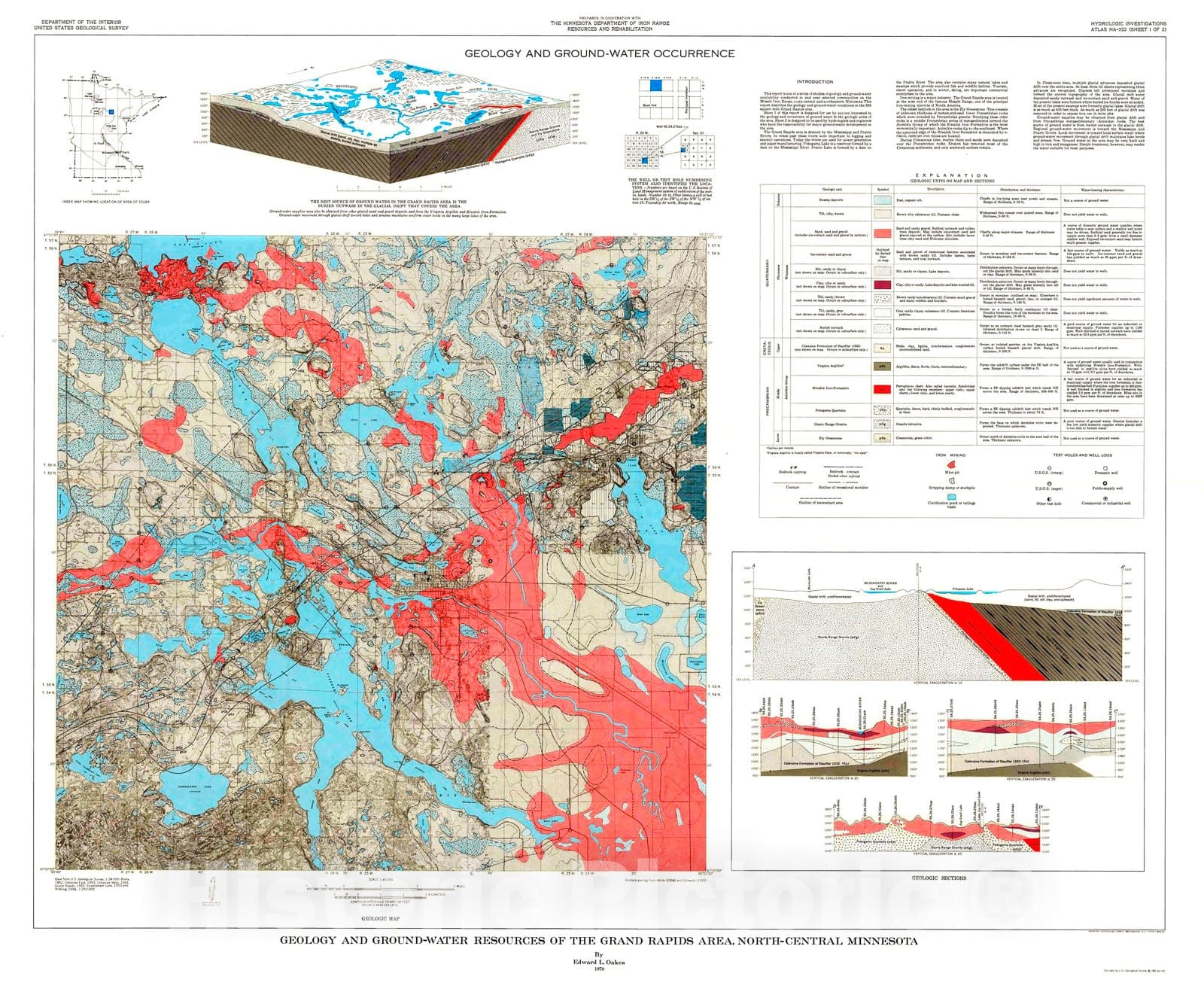 Map : Geology and ground-water resources of the Grand Rapids area, north-central Minnesota, 1970 Cartography Wall Art :