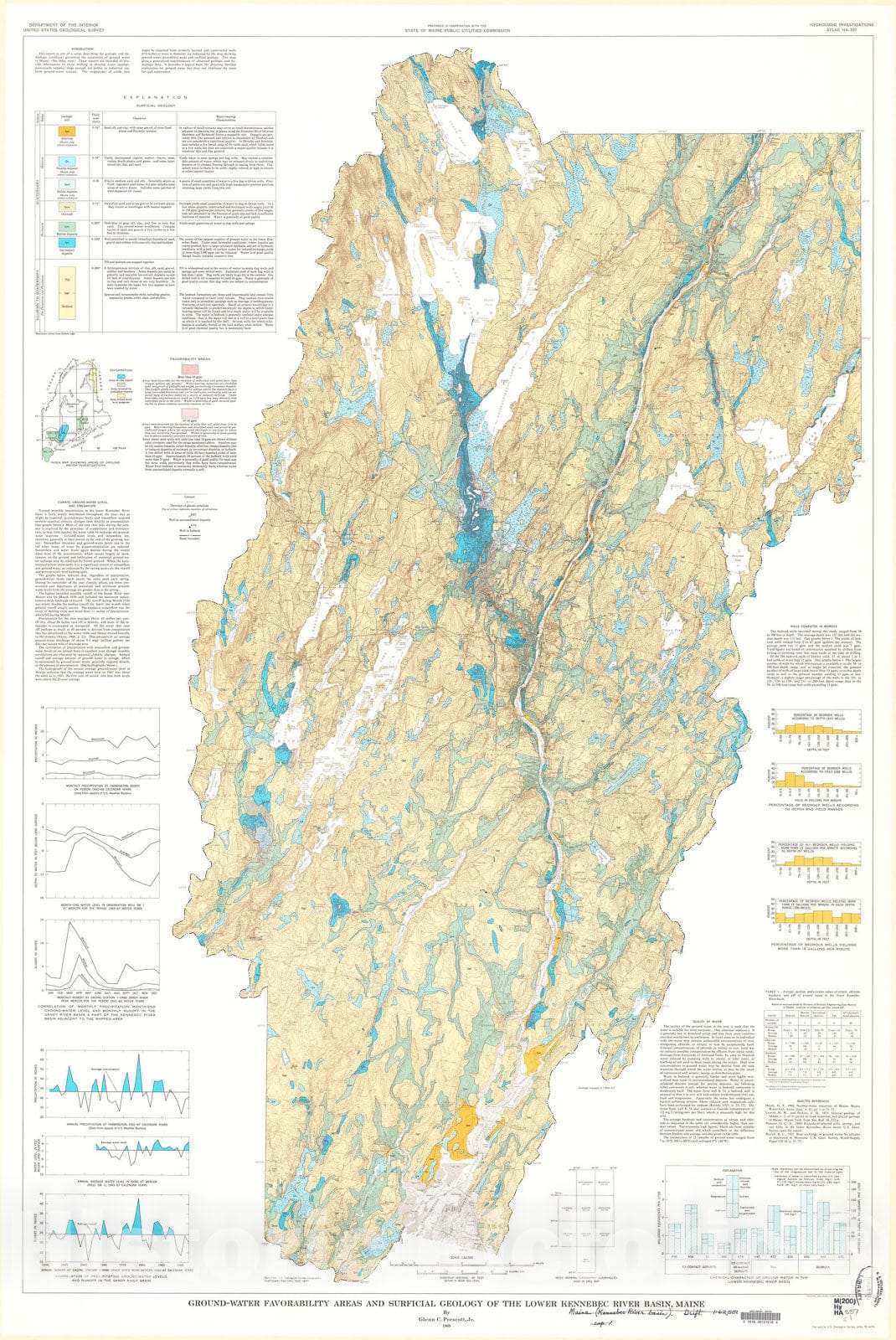 Map : Ground-water favorability areas and surficial geology of the lower Kennebec River basin, Maine, 1969 Cartography Wall Art :
