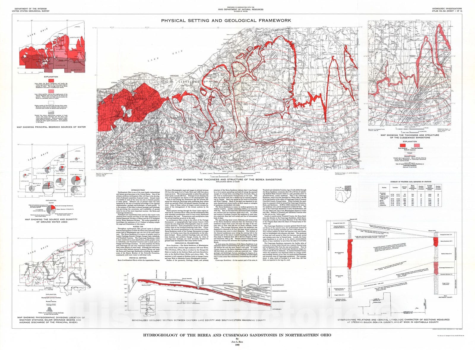 Map : Hydrogeology of the Berea and Cussewago Sandstones in northeastern Ohio, 1969 Cartography Wall Art :