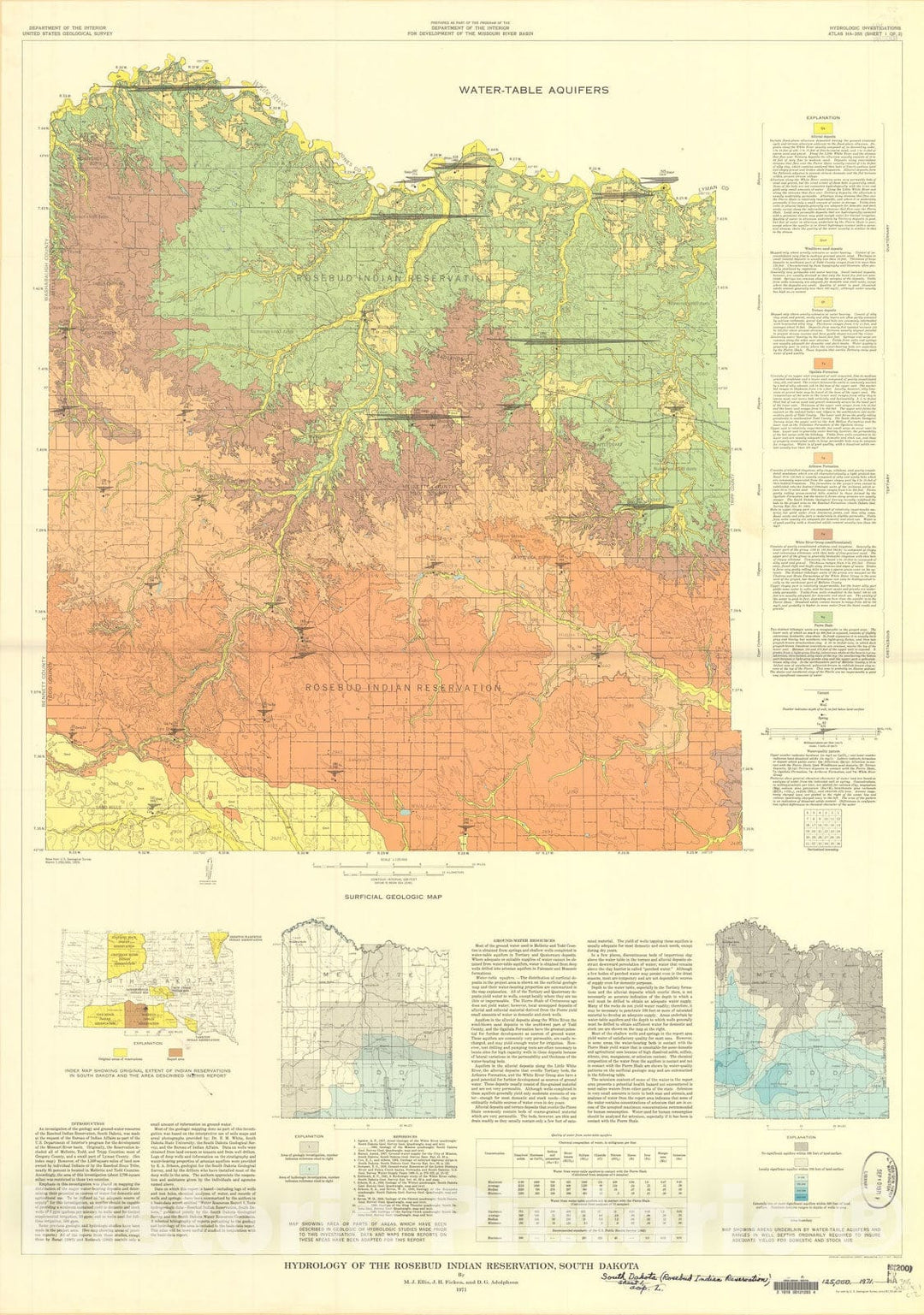 Map : Hydrology of the Rosebud Indian Reservation, South Dakota, 1971 Cartography Wall Art :
