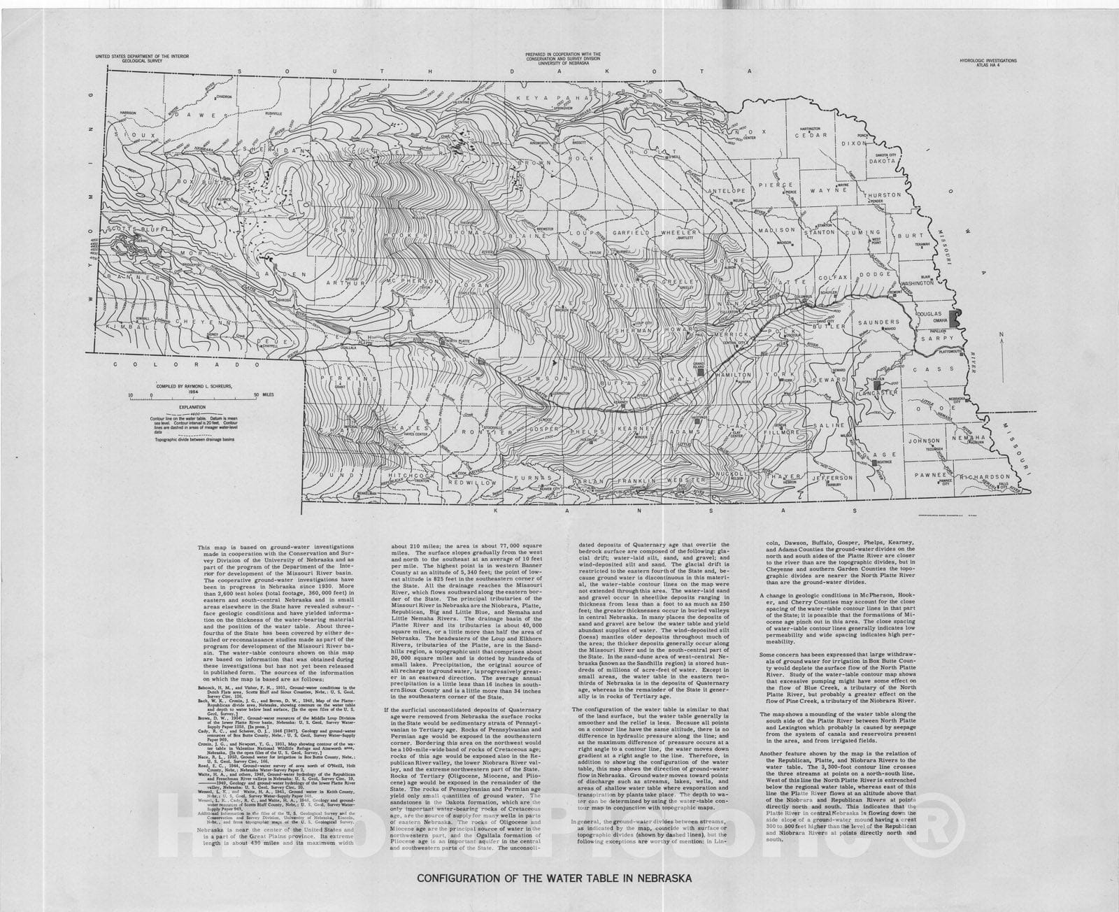 Map : Configuration of the water table in Nebraska, 1954 Cartography Wall Art :