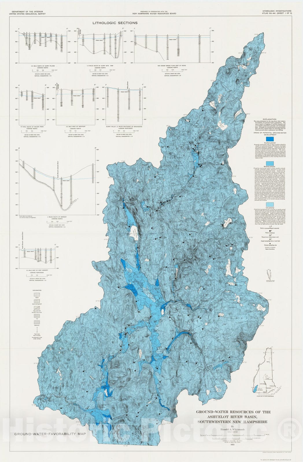 Map : Ground-water resources of the Ashuelot River basin, southwestern New Hampshire, 1973 Cartography Wall Art :