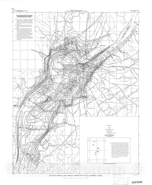 Map : Map of the Louisville area, Kentucky, showing contours on the bedrock surface, 1955 Cartography Wall Art :